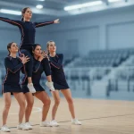 College cheerleaders practicing a stunt in an indoor arena