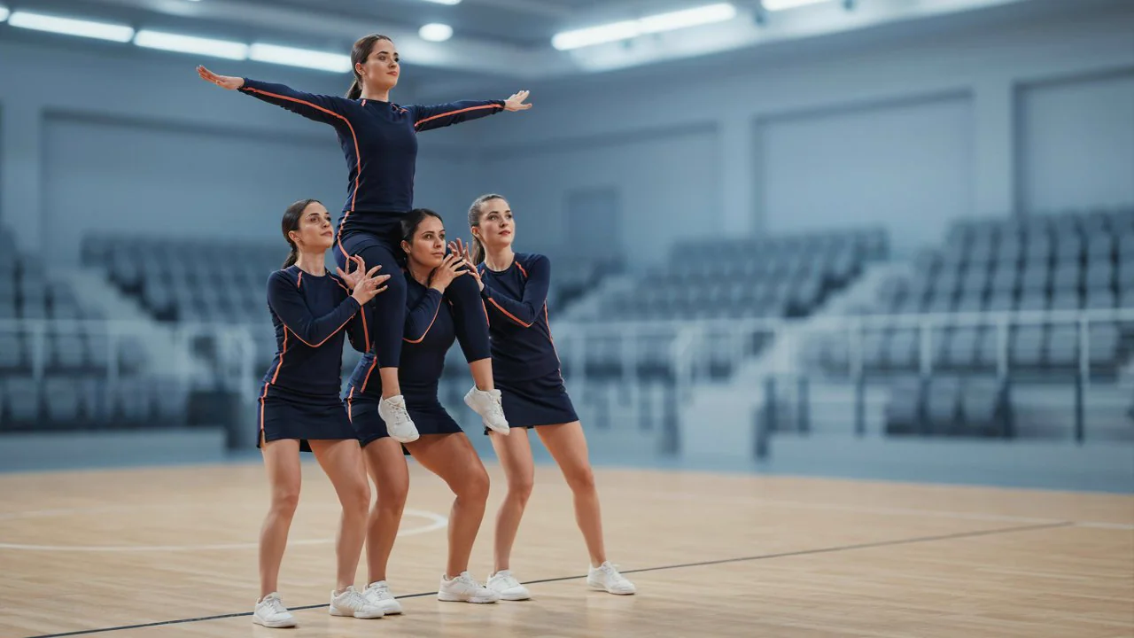 College cheerleaders practicing a stunt in an indoor arena